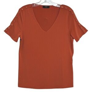 Tahari V-Neck Top Women Rust Grommet Short Sleeve Minimalist Earthtone Modern M